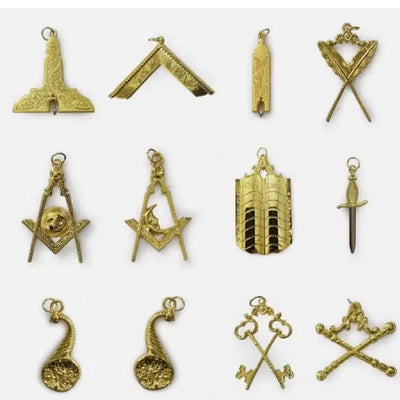 Masonic Regalia Blue Lodge Mason Officer Collar SET OF 12 GOLD Jewels Brand New